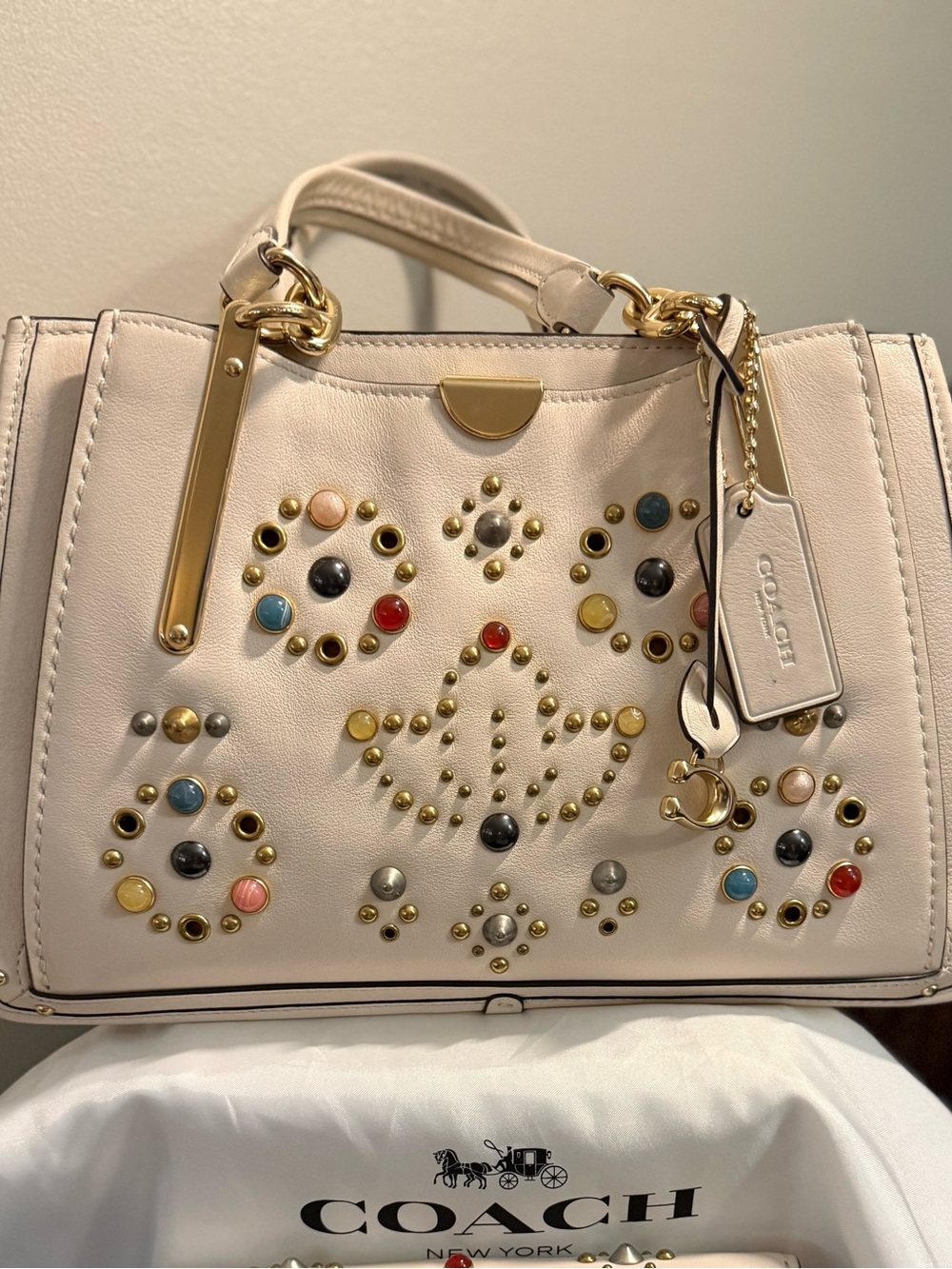 Coach Dreamer Cream Leather Satchel LIKE New with Multicolor Stud Accents!!